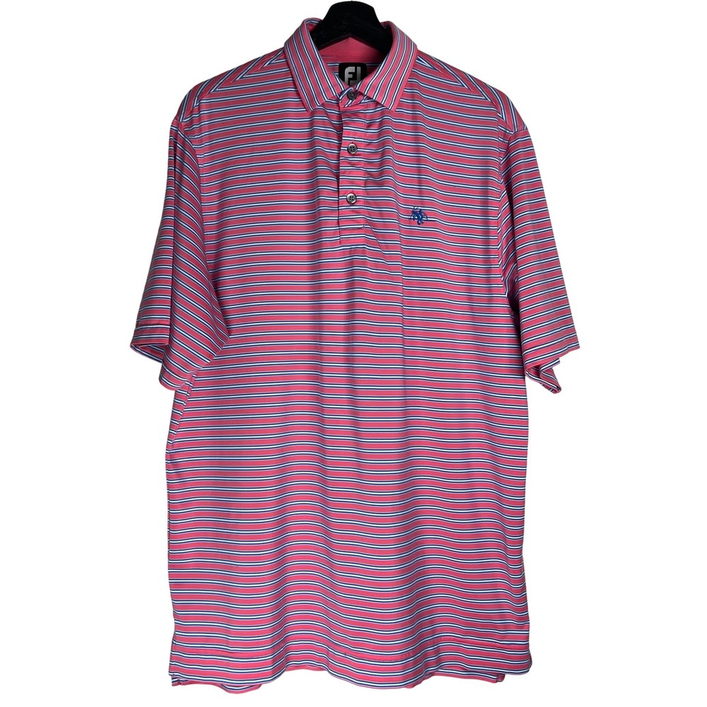 FootJoy Mens Golf Polo Shirt Medium Pink Blue Striped Short‎ Sleeve Stretch FJ